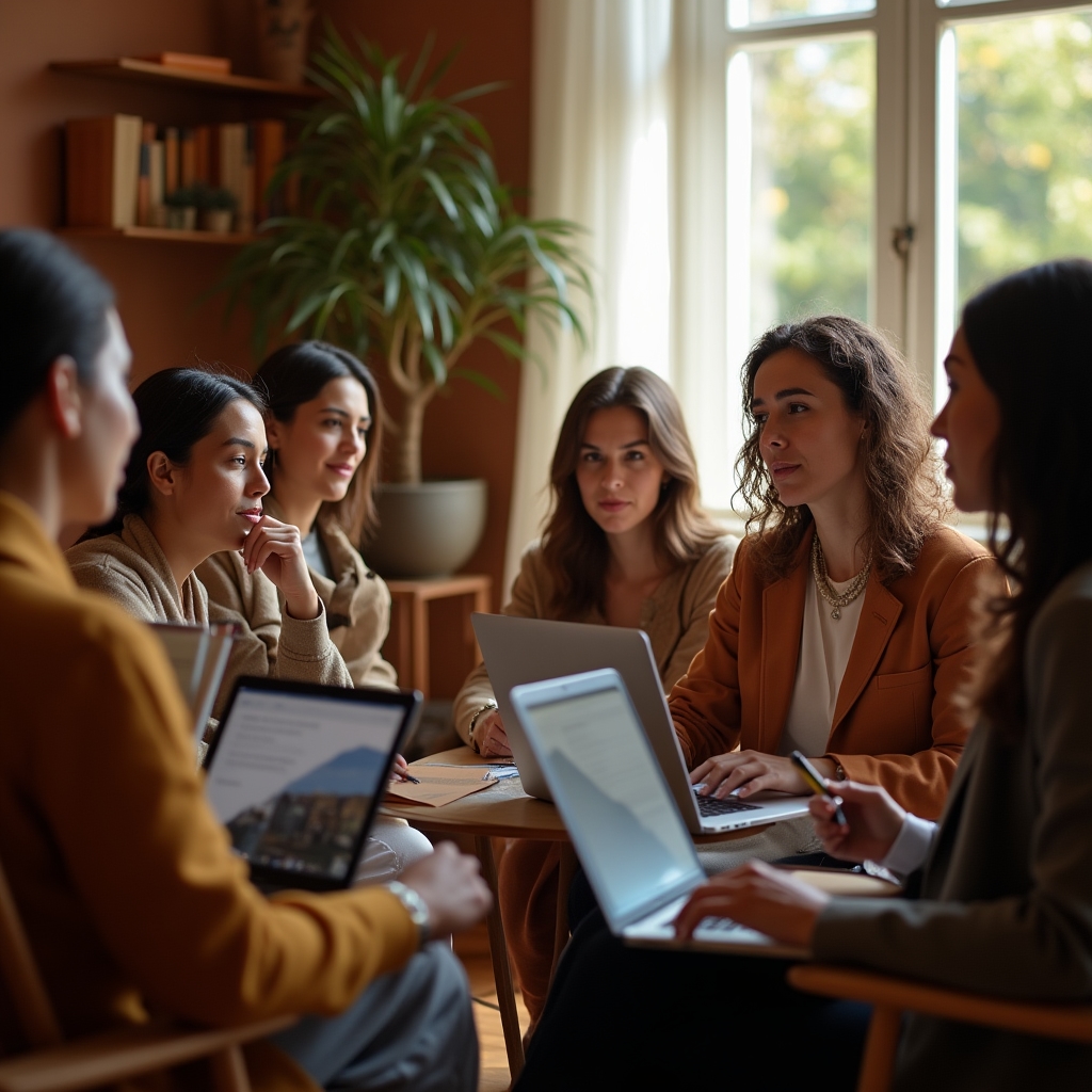 Gruppo di donne professioniste durante un incontro di mentoring online, sedute in cerchio con laptop e quaderni