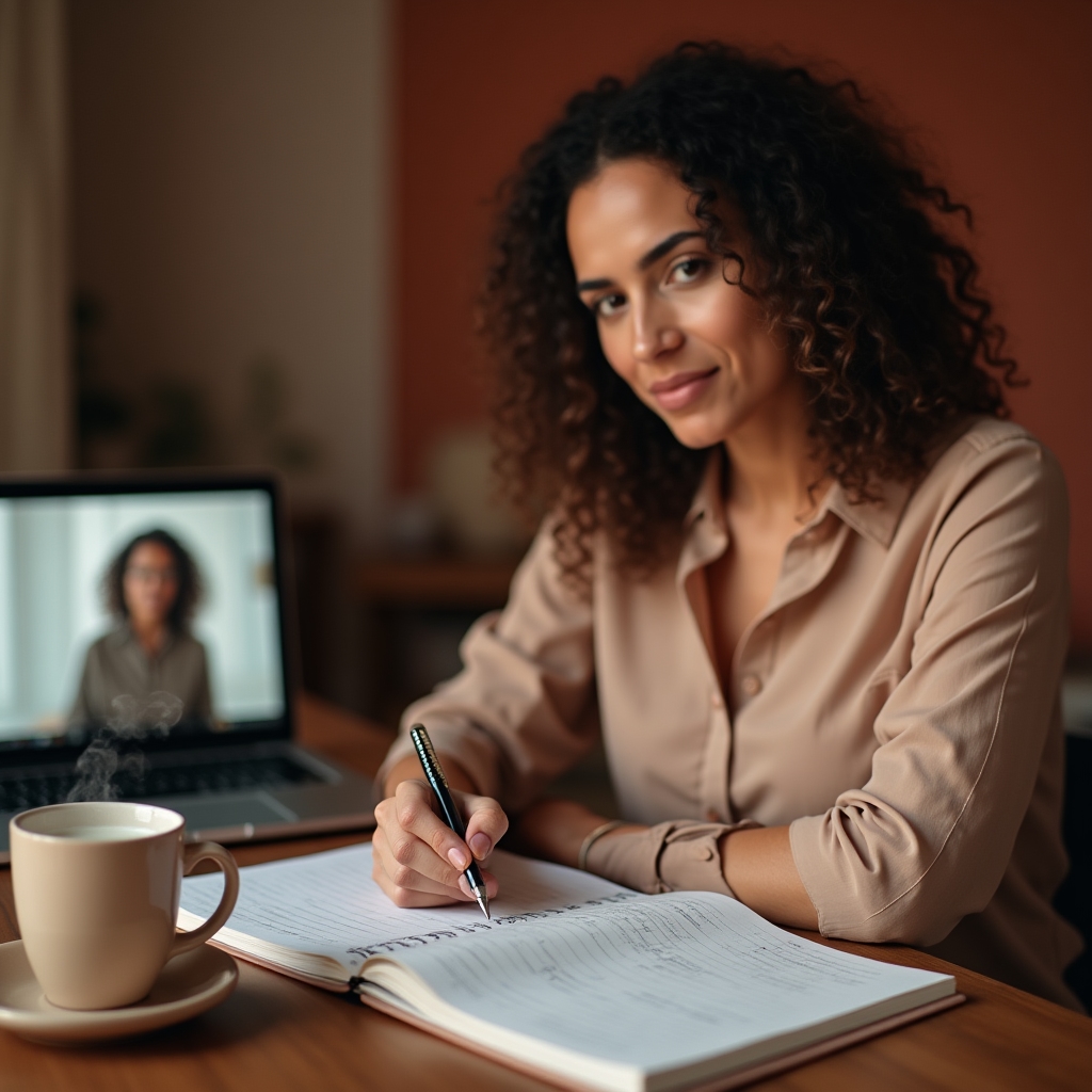Donna professionista che prende appunti durante una sessione di mentoring online al computer