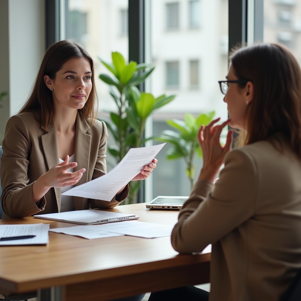 Due professioniste discutono seriamente durante una simulazione di negoziazione salariale in un ufficio
